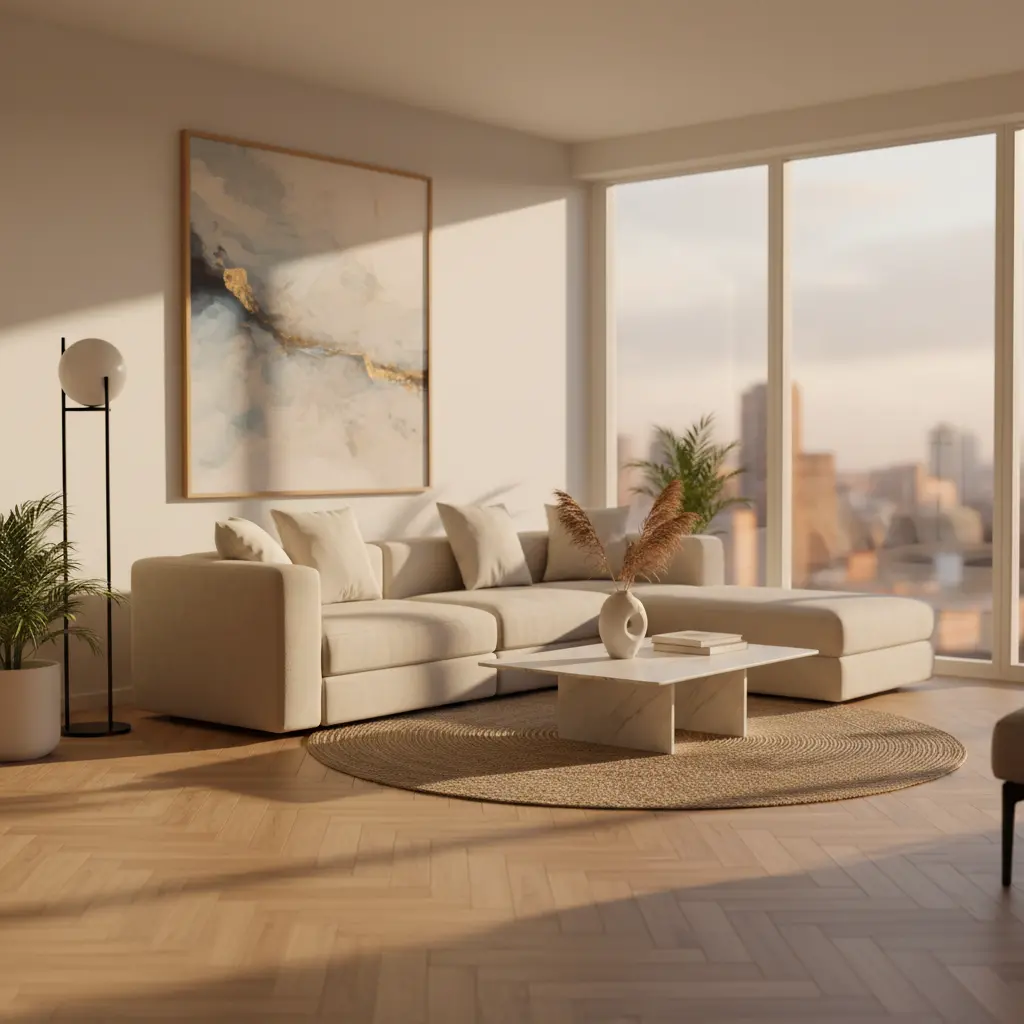 Bright contemporary living room with oak herringbone parquet and minimal decor